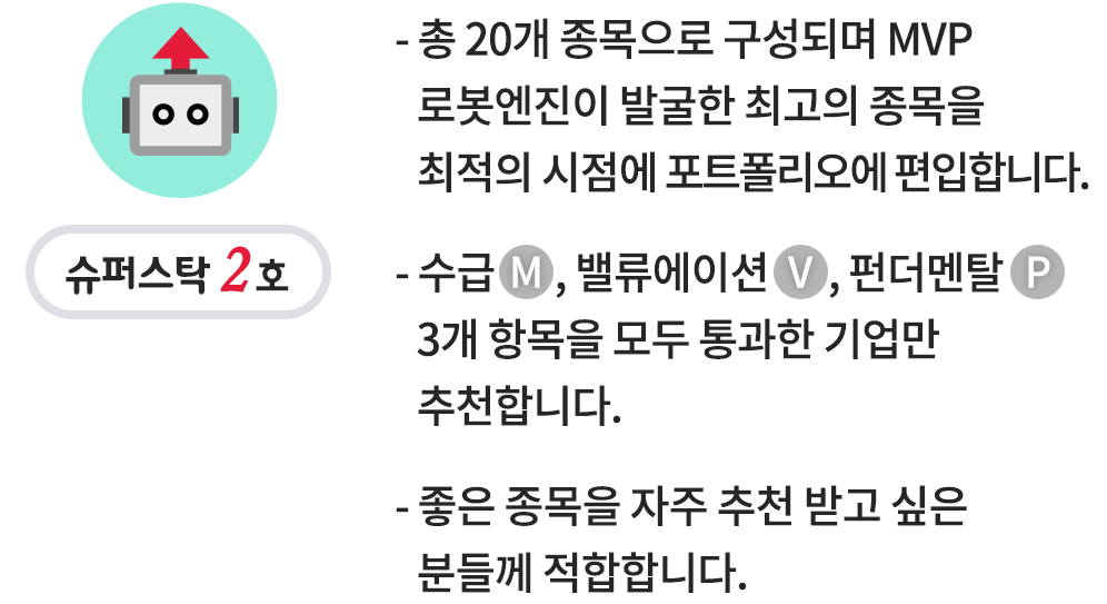 - MVP 로봇엔진이 발굴한 우량주, 성장주, 턴어라운드 종목 중 1~2 종목을 매일 제공 합니다.- 매수 시기를 스스로 판단 할 수 있는 투자자에게 적합  합니다.